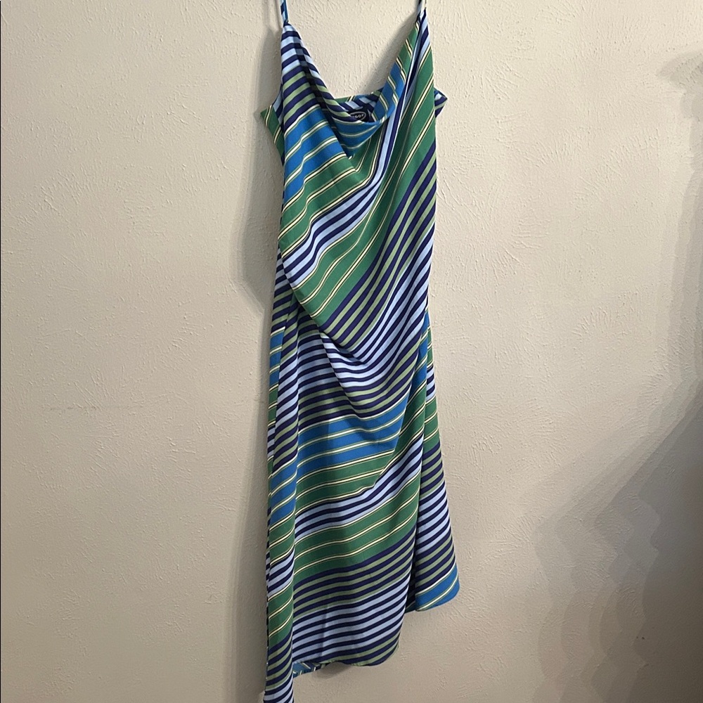 Scoop Asymmetrical Blue and Green Striped Dress NWT
